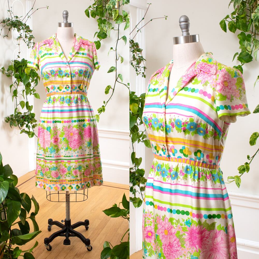 Vintage 1960s Shirt Dress 60s Silk Floral Striped Shirtwaist Dress Colorful